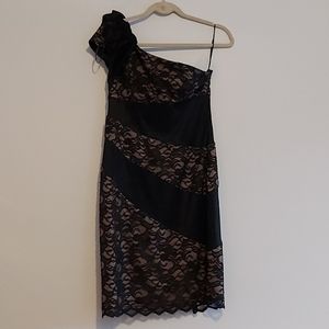 Black and neutral satin/lace one shoulder dress